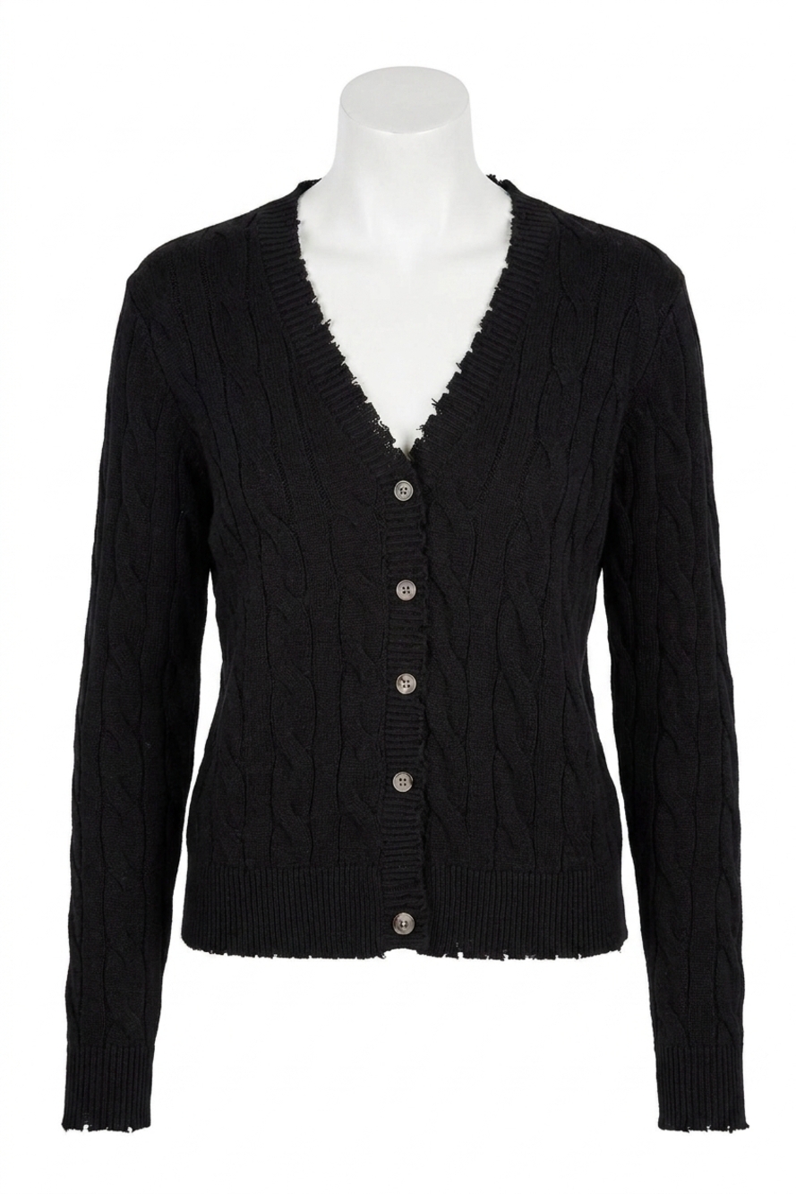 NEW MINNIE ROSE cotton frayed cable cardigan top in black